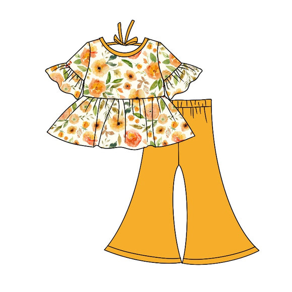 GSPO1027----pre order short sleeve yellow floral girls clothing
