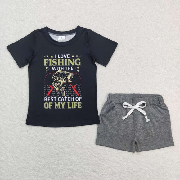 BSSO0474--fishing black short sleeve shirt and shorts boy outfits