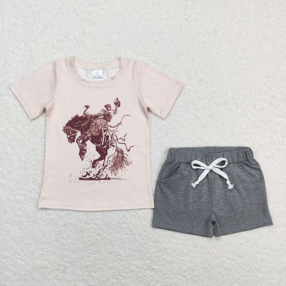 BSSO0476--ridng horse short sleeve shirt and shorts boy outfits