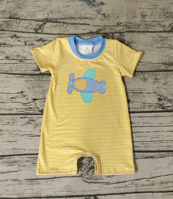 Short sleeves yellow Embroidery airplane baby boys romper