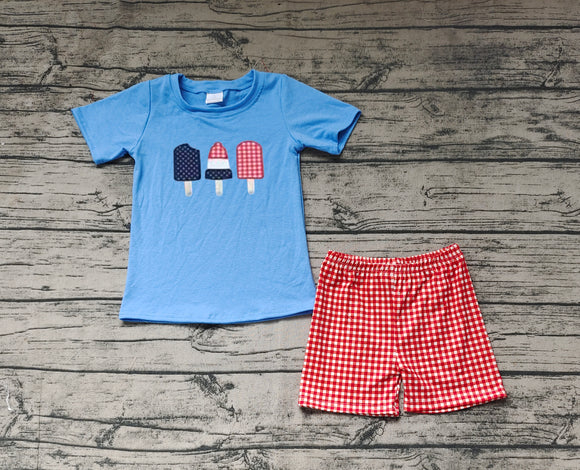 Embroidery Blue popsicle top plaid shorts boys 4th of july clothing