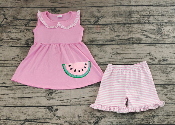 Embroidery Pink watermelon tunic stripe shorts girls summer clothes