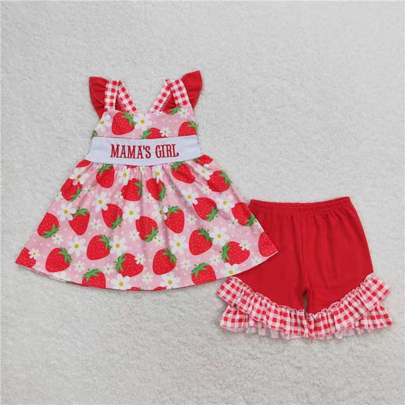 Embroidery Mama's girl strawberry floral tunic shorts girls clothing