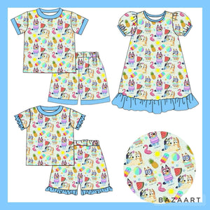 custom style moq 3 pcs cartoon dog blue kids clothing