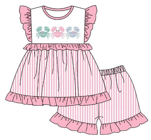 Flutter sleeves crab stripe ruffle baby girls outfits