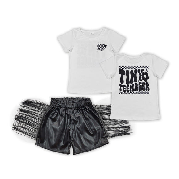 GSSO1419-- white top black tassels leather shorts girls clothes