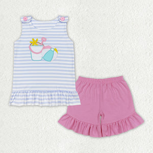 Embroidery Stripe top ball top pink shorts beach boys summer clothes