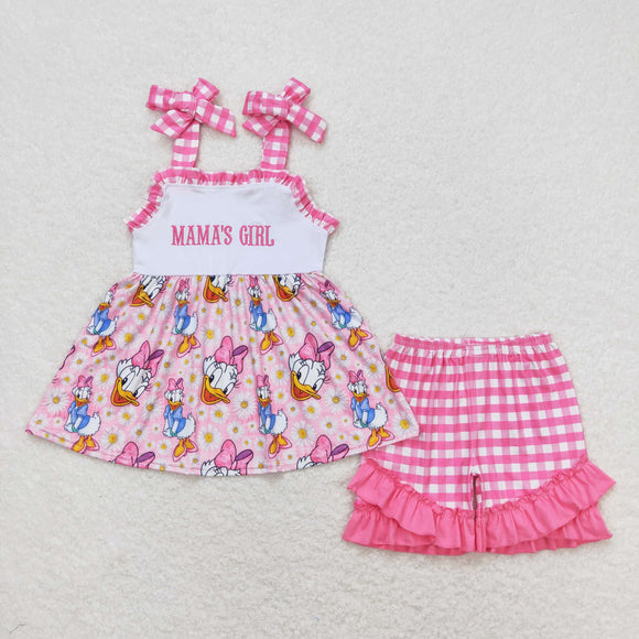 Pink plaid straps embroidery mama's girl duck floral girls clothes