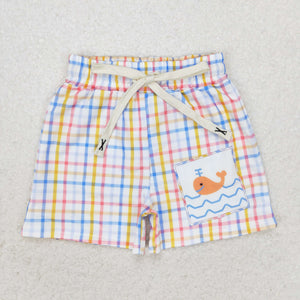 Blue yellow plaid whale kids boys summer swim shorts
