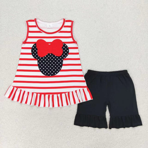 Sleeveless red stripe mouse top ruffle shorts girls clothes