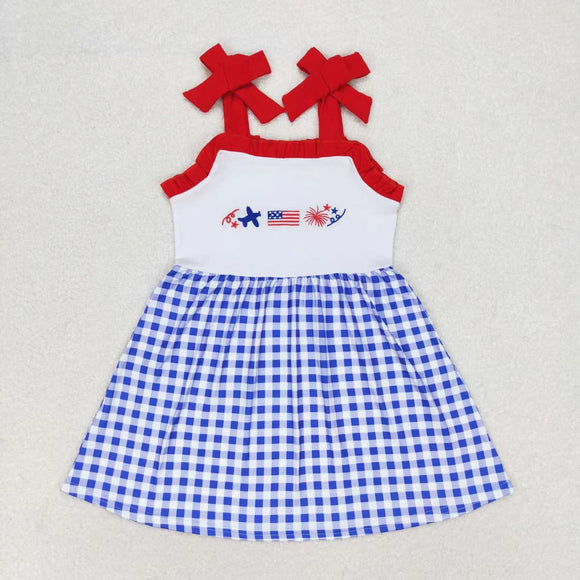 Embroidery Suspender flag blue plaid girls 4th of July dress