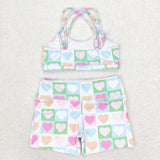 Colorful plaid heart crop top match shorts kids girls swimsuit