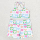 Colorful plaid heart crop top match shorts kids girls swimsuit