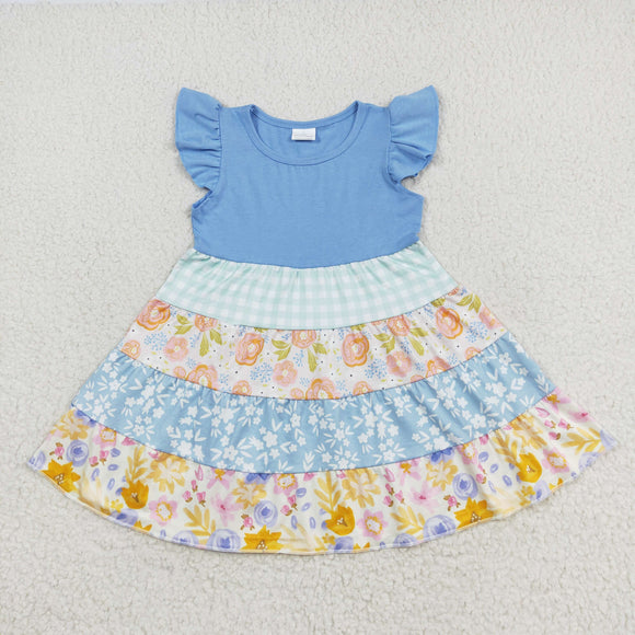 Flutter sleeves blue floral patchwork baby girls spring dress