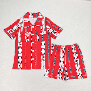 Short sleeves red aztec adult women button down pajamas