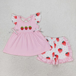 Pink embroidery strawberry tunic ruffle shorts girls clothing set