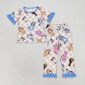 Short sleeves plaid dog pants girls pajamas