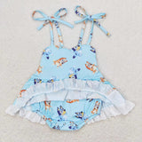 Blue dog straps baby girls summer romper