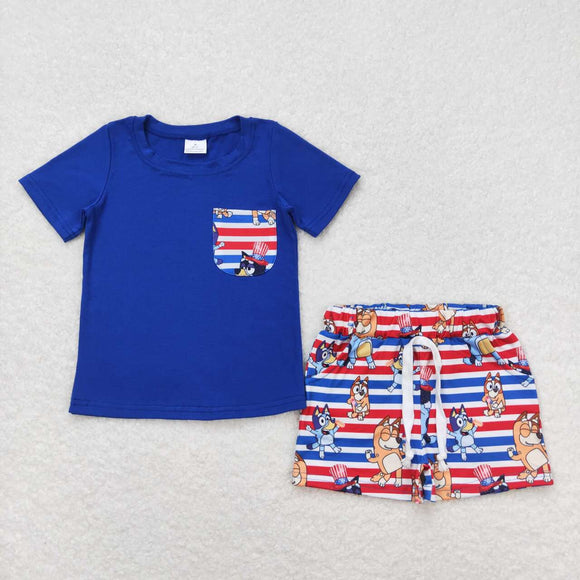 BSSO0513--dog blue short sleeve boy outfits