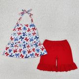 Matching Baby girls July Fourth red bow outfits romper