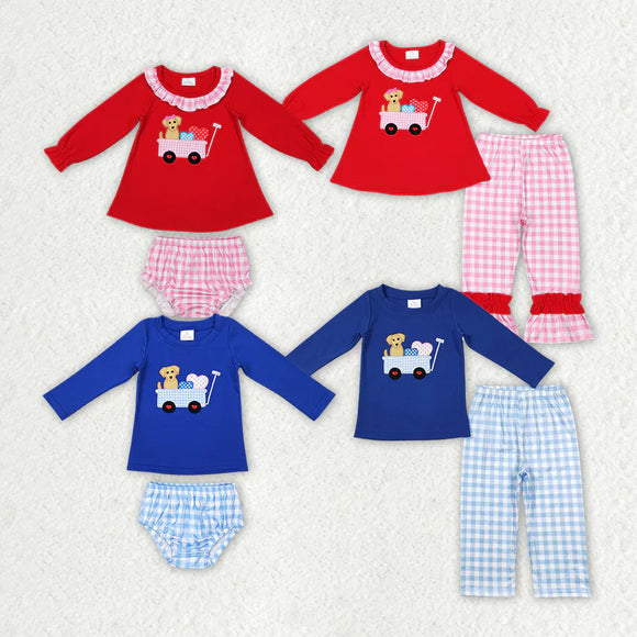 Matching Girls boys puppy long sleeve Valentine's  bummies outfits embroidery