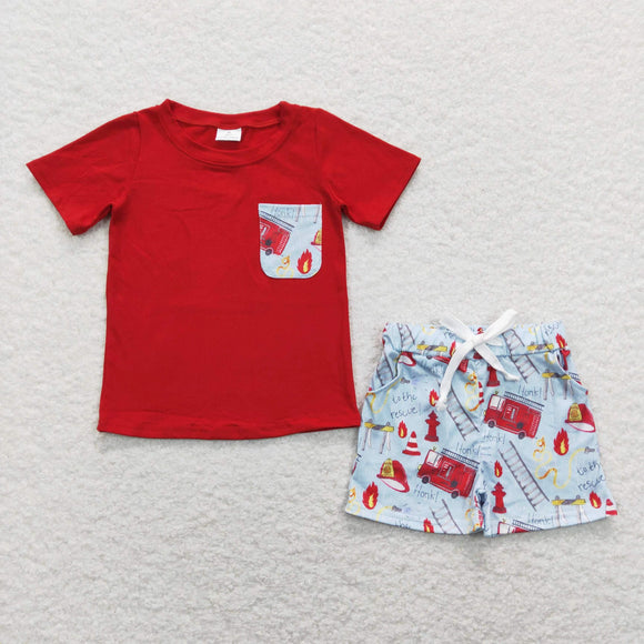 BSSO0557--Red fire truck pocket top shorts boys summer outfits