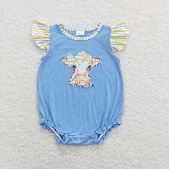 SR0825-- cow blue embroidery girls romper