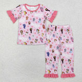 Matching Girls Valentine cartoon blue pink short sleeve pajamas