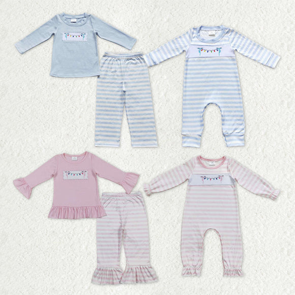 Matching Baby girls boys Christmas Colorful lights stripe romper outfits long sleeves embroidery