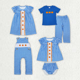 Halloween embroidery blue plaid kids clothing