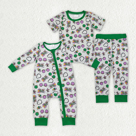 Mardi Gras short sleeve green kids pajamas