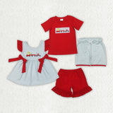 Matching Baby girls boys Bicycle short sleeve red shorts outfits embroidery