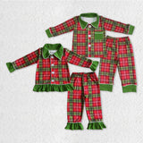 long sleeve Christmas red and green  plaid boys and girls pajamas