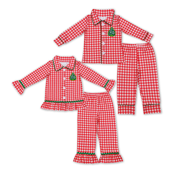 long sleeve Christmas tree plaid boys and girls pajamas