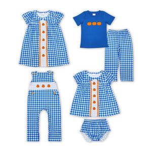 Halloween embroidery blue plaid kids clothing