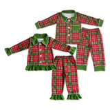 long sleeve Christmas red and green  plaid boys and girls pajamas