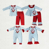 Matching Baby girls boys Christmas Santa blue stripe romper outfits long sleeves embroidery