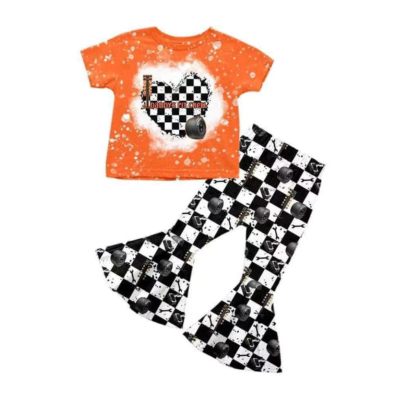 Custom style MOQ 5 daddy's pit crew  Orange short-sleeved black and white plaid flared pants suit