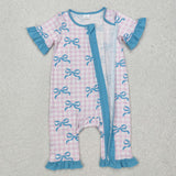 SR2026 pink plaid blue bow zipper sleeper