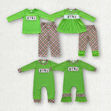 Matching Baby girls boys Christmas cartoon green romper outfits long sleeves embroidery