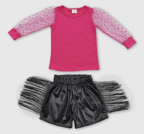 pink top + tassel shorts girls outfit