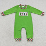 Matching Baby girls boys Christmas cartoon green romper outfits long sleeves embroidery