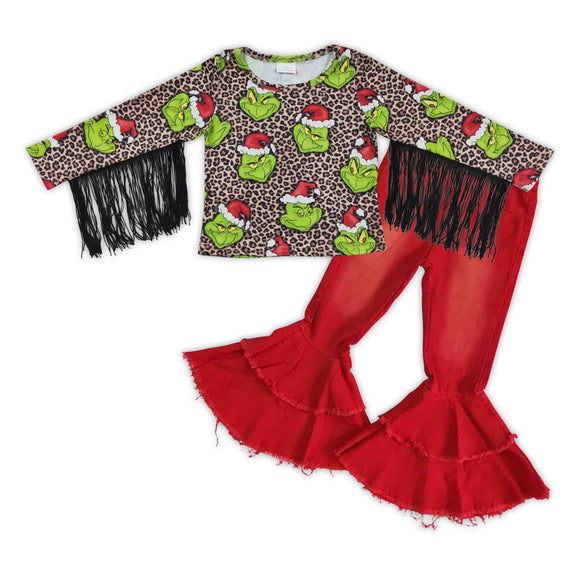 Christmas cartoon top + red jeans outfits