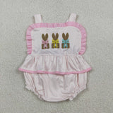 Matching Baby girls Easter bunny pink romper outfits embroidery