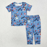 Matching Girls Valentine cartoon blue pink short sleeve pajamas