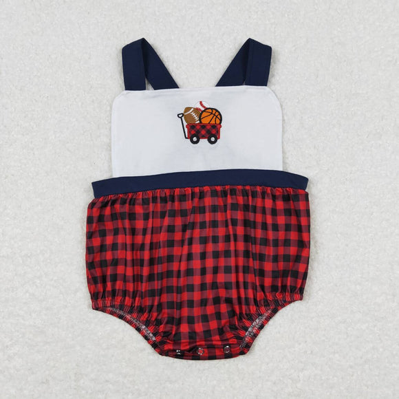 SR0753--Embroidery ball red plaid  boys bubble