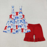 GSSO1952 girls 4th of July  red bow cotton shorts outfits