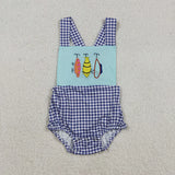 Matching Baby girls boys fish checkered romper outfits embroidery