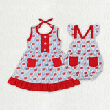Matching Baby girls July Fourth red pocket outfits romper