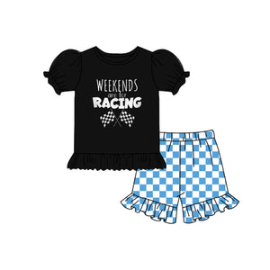 custom style  MOQ 3 weekends Blue checkerboard girls outfits